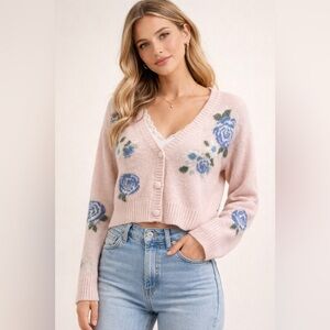 Forever 21 Pink Floral Cropped Cardigan Coquette Cottagecore Size S